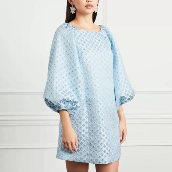 Hill House Araminta Mini Dress Snowflake Brocade Puff‎ Sleeves Blue Size XS - Picture 1 of 11